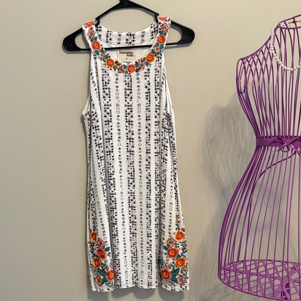 Savanna Jane White Sleeveless Dress with Embroidered Orange & Teal Floral Trim